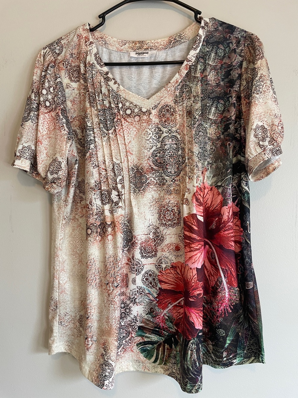 Men's Floral Print Short-Sleeve Shirt - Red/Beige